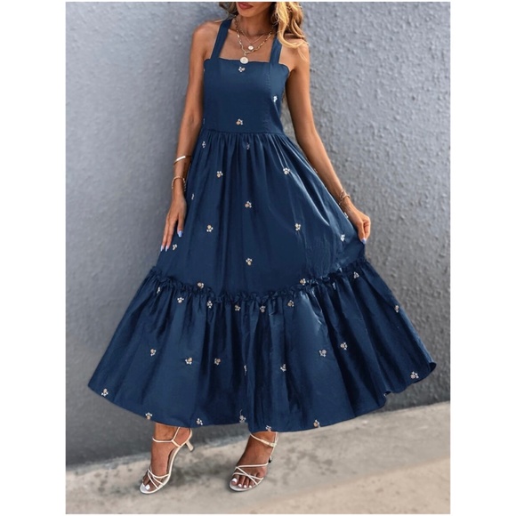 Boho Navy Blue Embroidered Floral Criss Cross Ruffle Dress - Picture 3 of 4